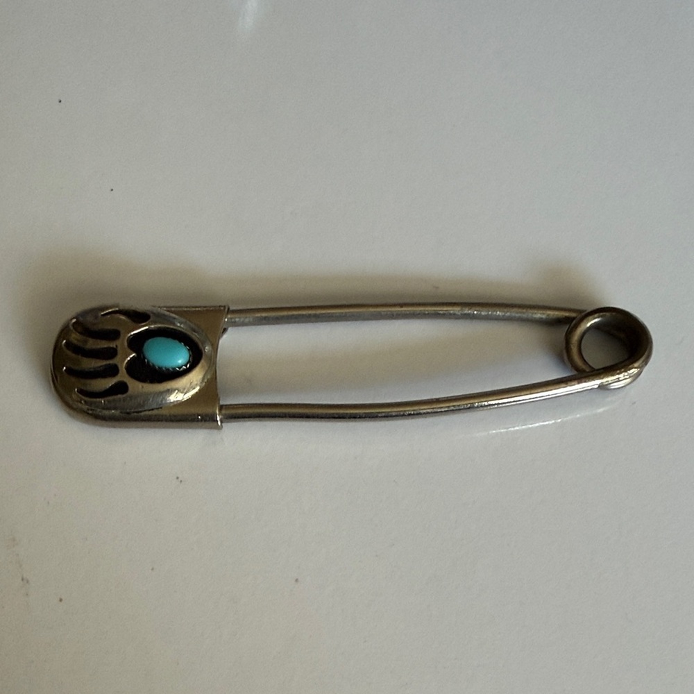 Vintage Silver Turquoise Bear Paw Safety Pin Keychain or Purse Charm